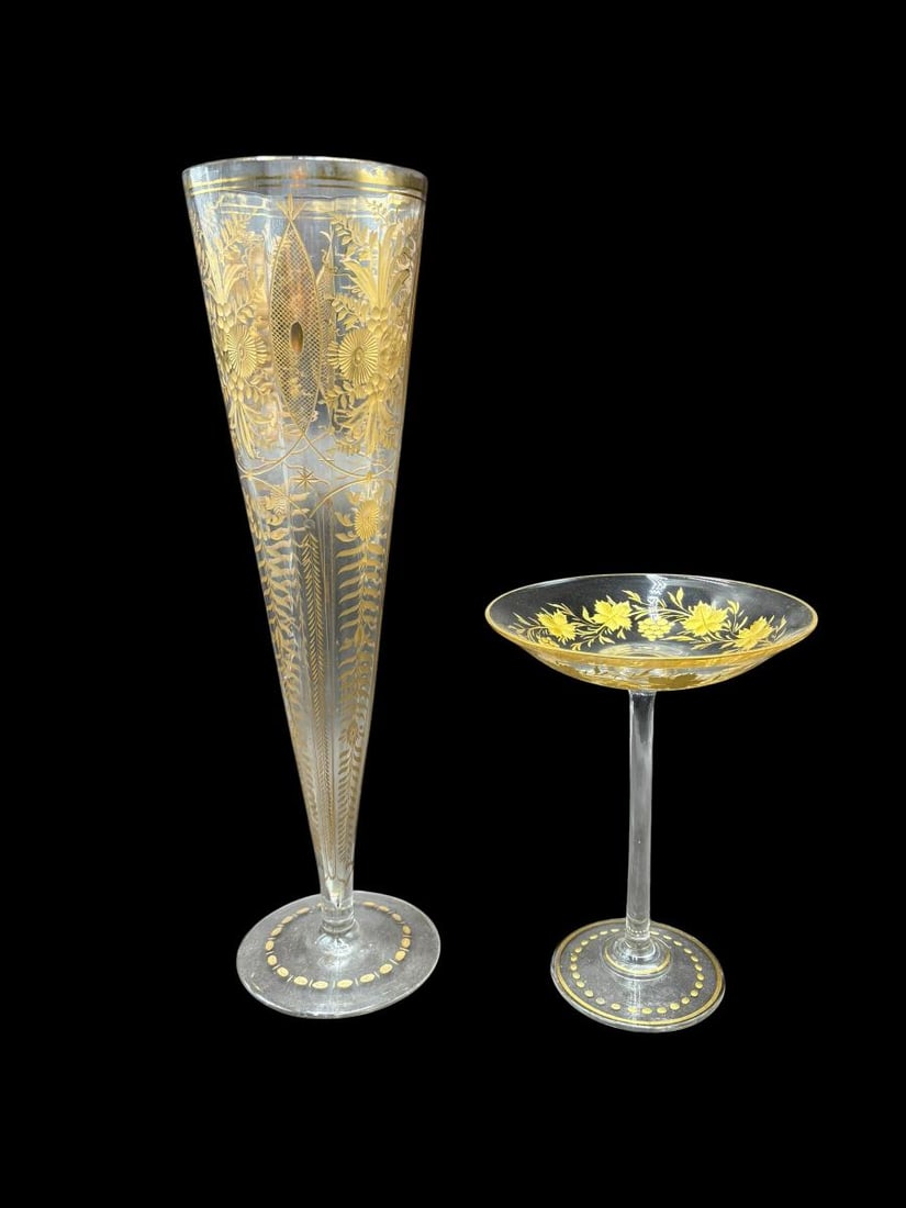 Lot of 2 Vintage Crystal and Gilt Gold Painted Tall Vase & Compote (1 of 14)
