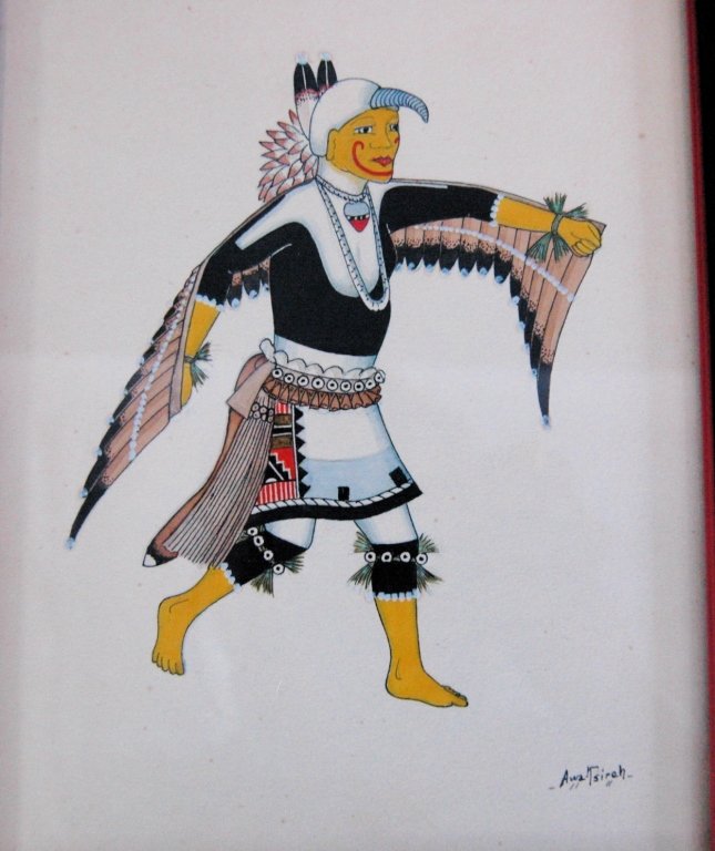 AwaTsireh (Alfonso Roybal) (1895-1955): AwaTsireh (Alfonso Roybal) (1895-1955), San Ildefonso, New Mexico. Watercolor of Native American dancer in native dress costumes with feathers on arms, signed LR, frame size 7.75 x 10.75. Excellent co