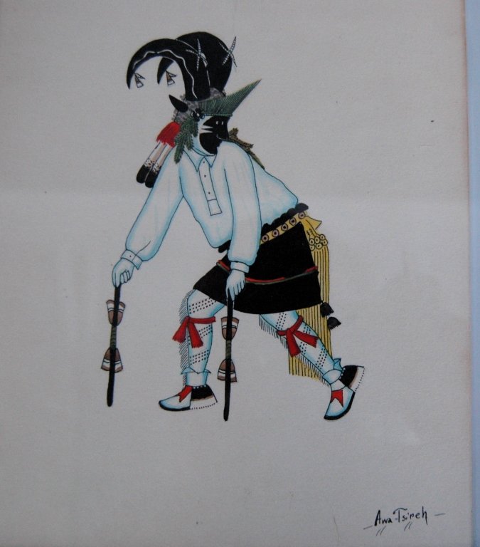AwaTsireh (Alfonso Roybal) (1895-1955): AwaTsireh (Alfonso Roybal) (1895-1955) San Ildefonso, New Mexico. Watercolor of Native American dancer in native dress costume with dancing sticks in hands, signed LR, frame size 9 x 11.