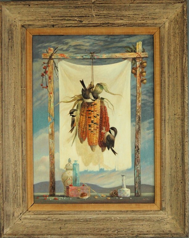 Paul F. Riba (1912-1977) Oil: Paul F. Riba (1912-1977) oil on masonite, still life depicting birds feeding on Indian corn (surreal), bottles, jars, shells with mountain landscape background. 24 x 30. Exceptional detail. This is ac