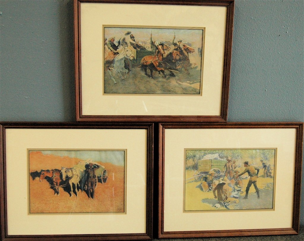 Frederick Remington, 3 Artist Proofs: 3 Frederick Remington artist proofs framed prints, "Bringing Home the New Cook", "Benighted for a Dry Camp", "The Quarrel", all copyright 1912 in good condition, in 19.5 x 15.5 frames.