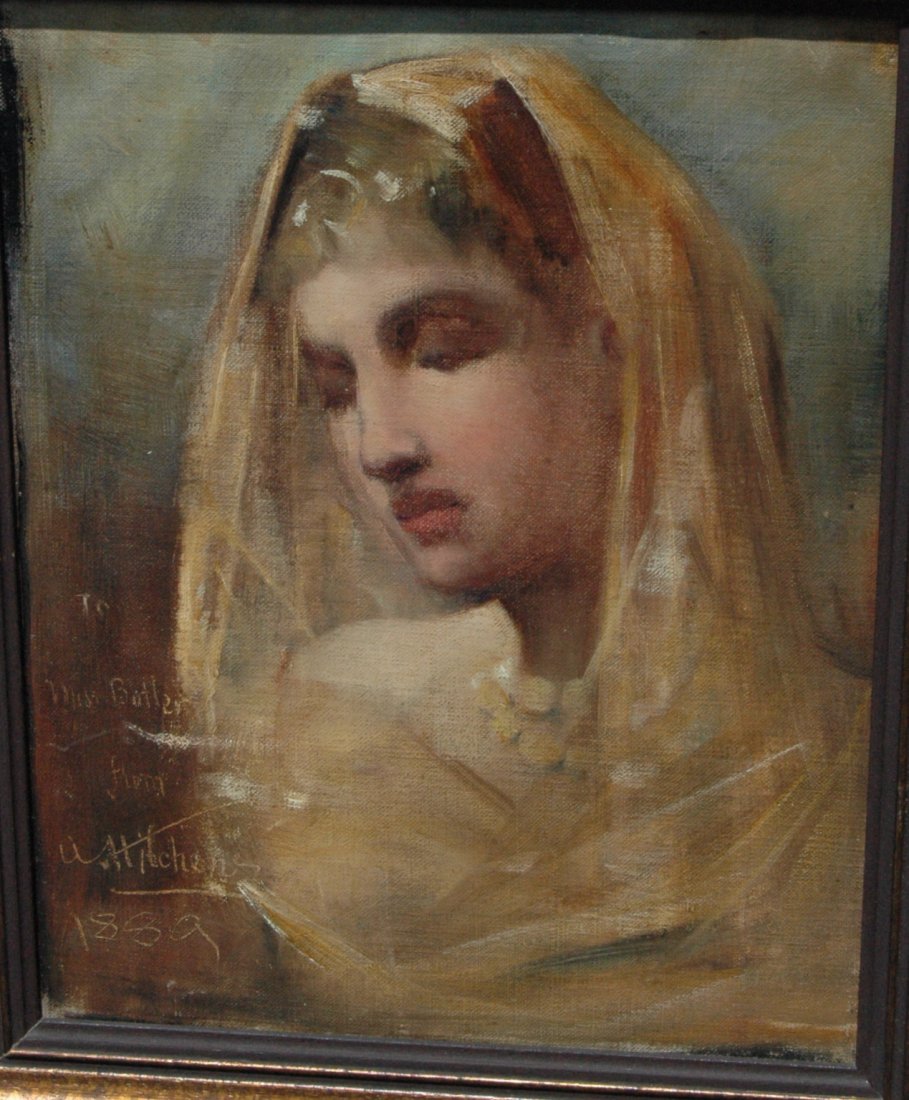 Fine Portrait of Young Lady with Veil: Fine Oil on canvas portrait of young lady with veil. Scratched into canvas reads: "To Miss Butler from A. Hitchens 1880", 13 x 15.5 frame size, good condition.