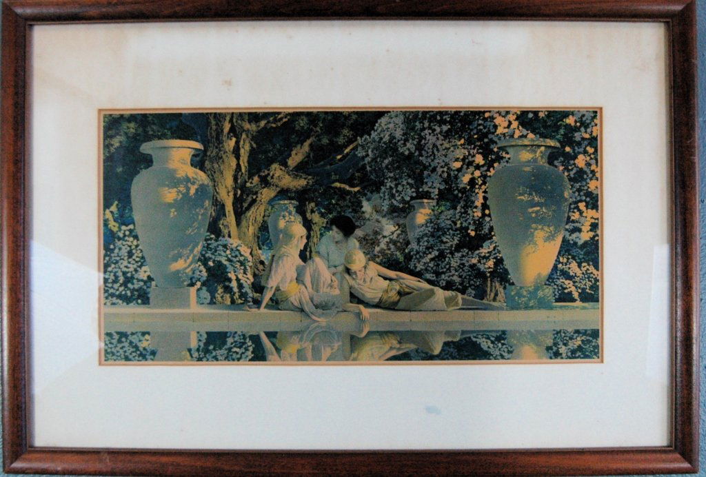 Maxfield Parrish, "Garden of Allah": Maxfield Parrish print "Garden of Allah" medium size, 18.5 x 9 in original frame, never out. Good color, some minor foxing on wide beveled mat.