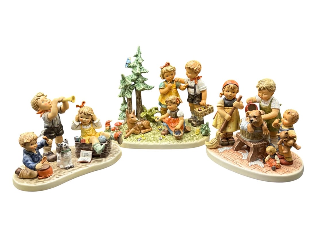 Estate Lot of 3 Large German Hummels with Original Box 2320, 2340 & 2358: Estate Lot of 3 Large German Hummels with Original Box 2320, 2340 & 2358. These are all Limited Editions with box. Hummel 2320 "Follow that Fern" Woods scene with children, deer, bird and flowers. 857
