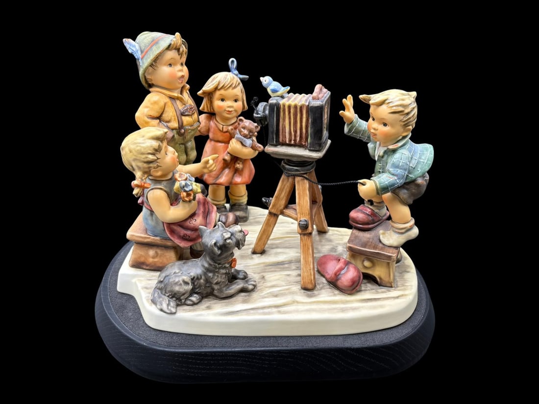Hummel Club 25th Anniversary "Picture Perfect" Sculpture with Original Box and Stand 638/2500: Hummel Club 25th Anniversary "Picture Perfect" Sculpture with Original Box and Stand 6385/2500. Meister Fotograf, is a large, complex M.I. Hummel club piece modeled by master sculptor Helmut Fischer. 