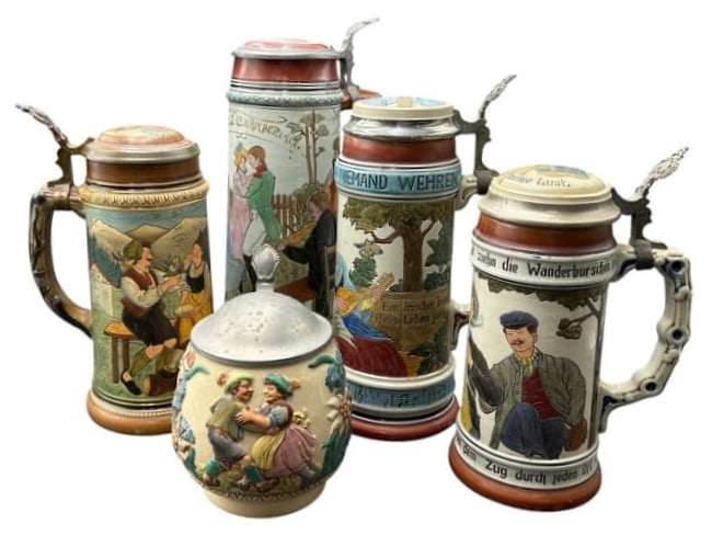 Estate Lot of 5 Pre WWII German Beer Steins .5 Liter to 1.5 Liter (1 of 20)