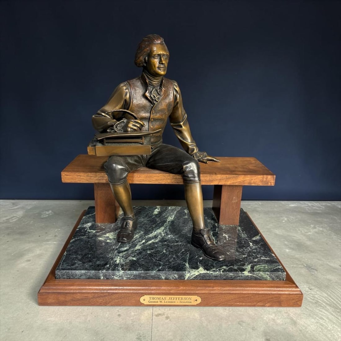 George Lundeen - Thomas Jefferson Bronze Sculpture signed & no. 91/100: George Lundeen - Thomas Jefferson Bronze Sculpture signed & no. 91/100. George Wayne Lundeen (born 1948) is an American sculptor known for his historical bronze sculptures. A love of the human figure 