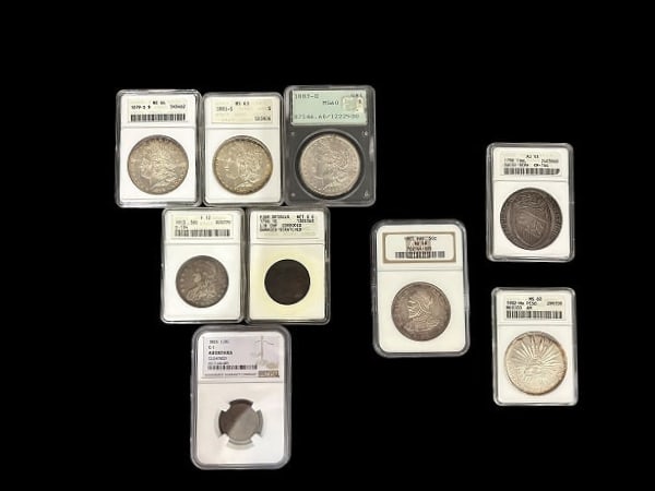 9 Graded Coins, US & Foreign Currency - 3 Morgan Dollars, Coronet Head, Liberty Cap...: Estate Lot of 9 Graded Coins, US (6) & Foreign (3) Currency. Lot of 3 Morgan Silver Dollars 1879-S, 1881-S & 1883_O. 1- 1813 Capped Bust Half Dollar . 1- 1796 US 1 cent large cent copper coin Liberty 