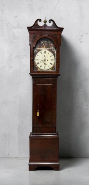John Todd - circa 1840's Glasgow England - 8 Day Long Case Clock, Hand Painted Dial & 1995 Appraisal: c1840s John Todd - Glasgow England 8 Day Long Case Clock with Hand Painted Dial & 1995 Appraisal. Well proportioned mahogany eight-day clock arched with painted dial long case clock, Has swan neck ped