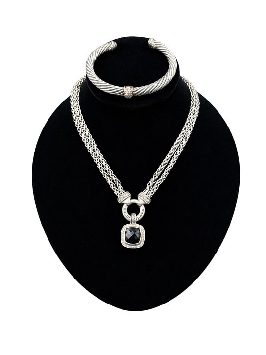 David Yurman Black Onyx & Diamond Albion Sterling Necklace & 925/18K Cable Bracelet w/Diamonds (1 of 12)