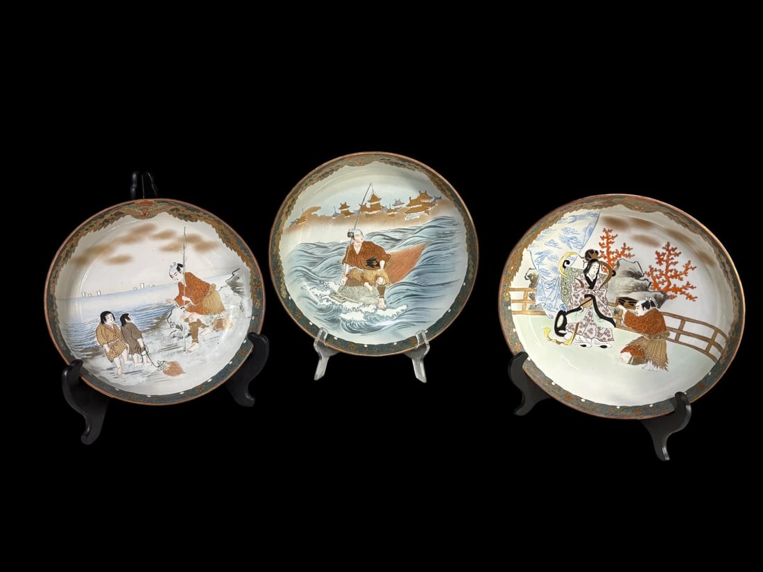 Estate Lot of 3 Japanese Kutani Large Bowls with Different Scenes & Sizes: Estate Lot of 3 Japanese Kutani Large Bowls with Different Scenes & Sizes. All three are highly decorated Kutani bowls with elaborate gilt, gold, green red, blue and black. The13" bowl with Japanese f