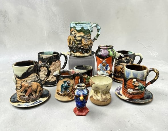 Sumida Gawa 19th Century Japan High Relief Pottery 15 pc. Lot: Sumida Gawa 19th Century Japan High Relief Pottery 15 pc. Lot. Sumida Gawa pottery is a distinct type of Japanese art pottery featuring heavy bodies, thick flowing glazes, and hand-sculpted figures in