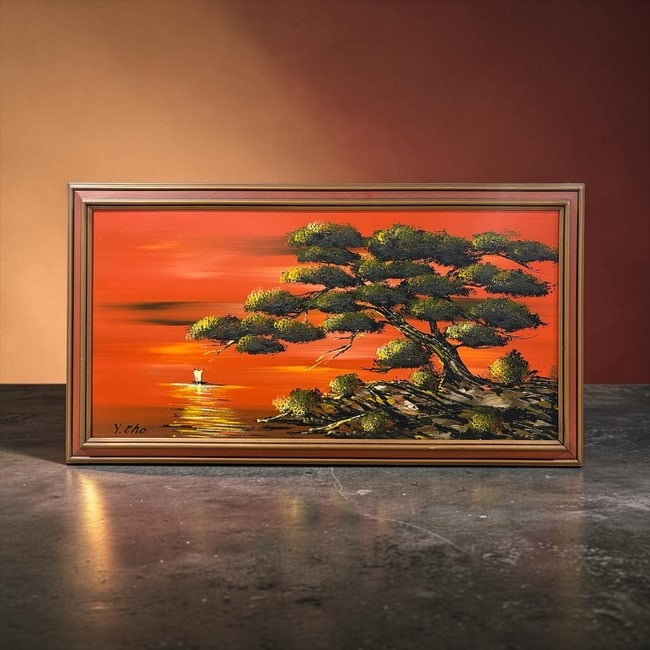 Y. CHO Mid Century Modern Large Painting of Ming Tree on Board: Y. CHO Mid Century Modern Large Painting of Ming Tree on Board. This is a large vibrant MCM painting of a Ming or Bonsai Tree in raised textured bright oranges, greens and yellow. It is signed on the 