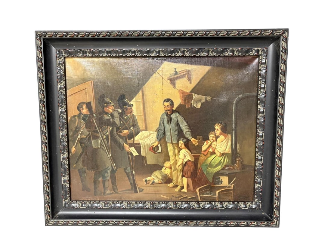 19th Century Munich School Oil on Canvas - Soldiers & Family Circa 1860-1890: 19th Century Munich School Oil on Canvas - Soldiers & Family Circa 1860-1890. This is an old piece of art in a newer frame. The art shows soldiers in the home of a family, man & wife with children. Th