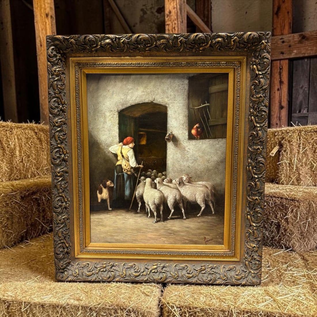 Pisarski, 19th Century Style Pastoral Farm Scene Painting Oil on Canvas: Signed Pisarski, 19th Century Style Pastoral Farm Scene Painting Oil on Canvas. The artwork depicts a woman with sheep, chicken & a dog. Signed on the bottom right Pisarski. No damage to the art, the 