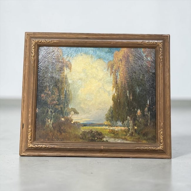 Theodore Jackman 1878-1940 American Impressionist Landscape Painting Oil on Canvas: Theodore Jackman 1878-1940 American Impressionist Landscape Painting Oil on Canvas. This shows a scene of tall trees, sheep grazing, and wonderful sky with clouds. There is some craquelure and foxing 