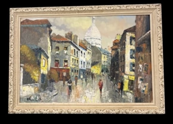 Signed Mid Century Parisian Street Scene Impressionist Oil on Canvas: Signed Mid Century Parisian Street Scene Impressionist Oil on Canvas. MCM painting with Paris buildings, town square and people walking. It is signed on the bottom left however signature is not legibl
