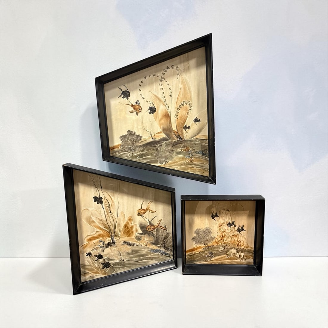 Genevieve Matucha (1903-1989) 3 piece Wall Set Watercolor Paintings Koi Fish: Genevieve Matucha (1903-1989) 3 piece Wall Set Watercolor Paintings Koi Fish. Matucha was based in Hollywood, California, her works often featured underwater or tranquil nature scenes and were noted f