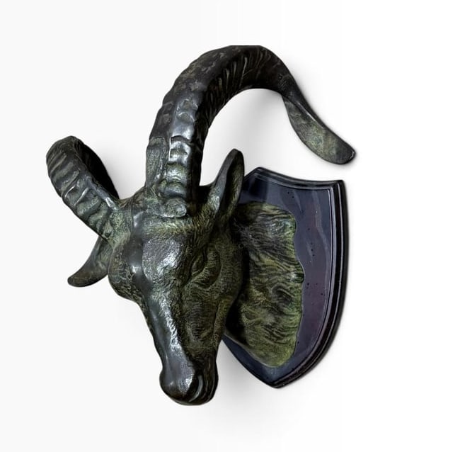 Vintage Bronze Mounted Rams Head on Wood Plaque (1 of 9)
