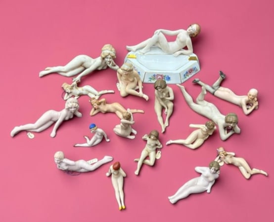 17 Bisque Nude Bathing Beauty, Naughty Figurines - Germany, Bavaria & Unmarked: Estate Lot of 17 Bisque Nude Figurines Germany Bavaria & Unmarked, This is large lot of assorted nude women figurines, and one is an ashtray. The measure from 6" x 4" (ashtray) to as small as 2 inches