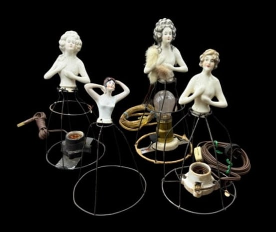 Lot of 4 1920's Style Half Doll Lamp with Wire Cage Skirt/ Shade: Lot of 4 1920's Style Half Doll Lamp with Wire Cage Skirt/ Shade. This is a very unique lot offering 4 different porcelain 1/2 doll lamps and one is a flapper girl character that is just the doll and 