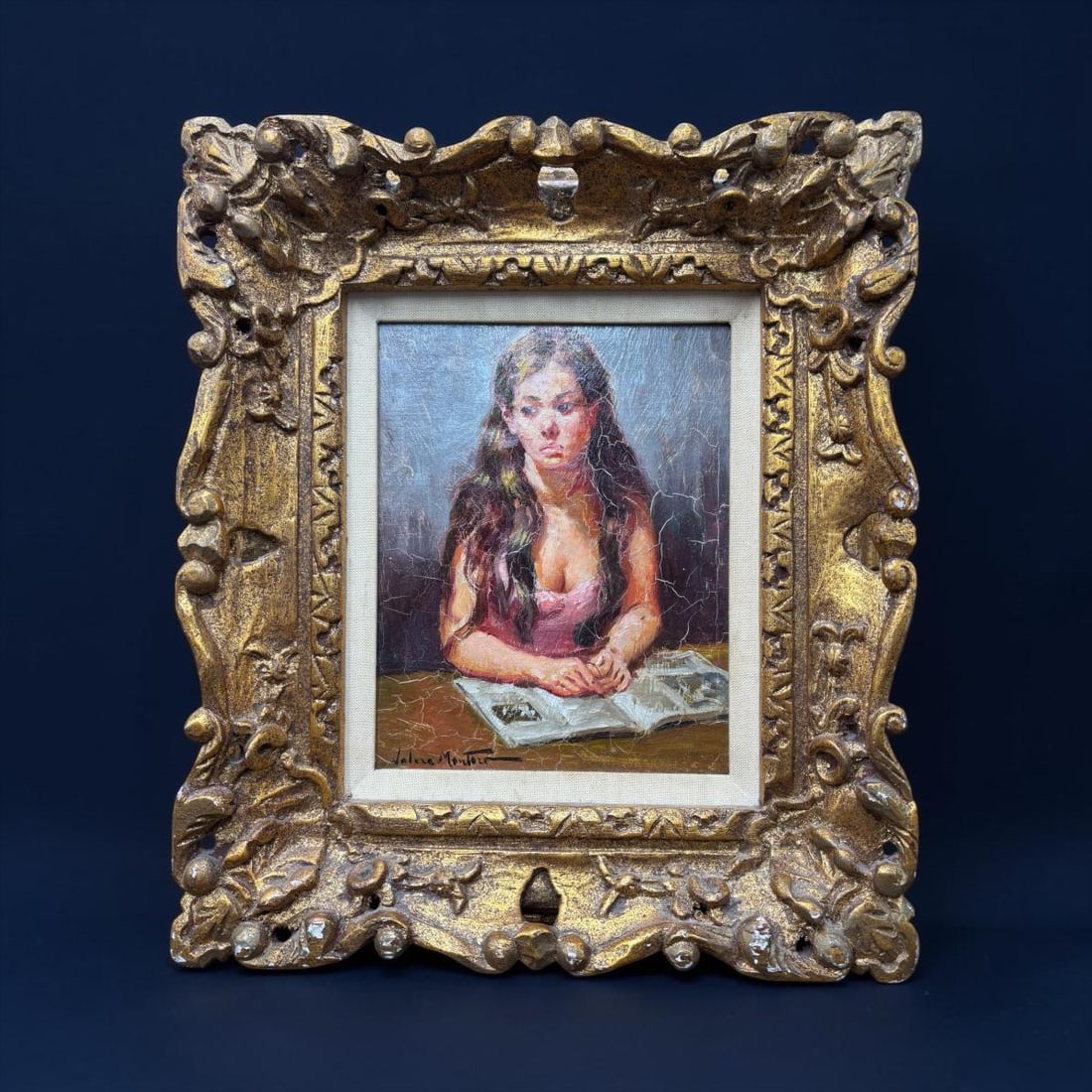 Juan Valera Montoro - Mid Century Painting of Young Female: Juan Valera Montoro - Mid Century Painting of Young Female. Juan Valera Montoro (1923) is a Spanish painter known for his unique and colorful style influenced by 1930's artistic movement. His work cov