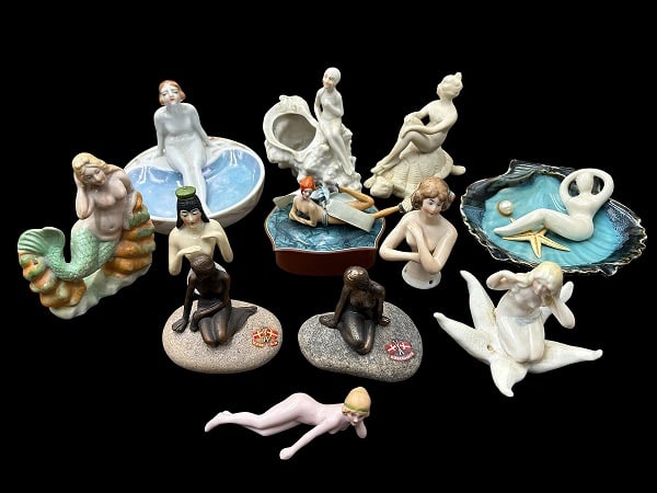 Estate Lot of 12 Vintage Porcelain Nudes & Mermaid Figures: Estate Lot of 12 Vintage Porcelain Nudes & Mermaid Figures. This is a very nice lot of assorted vintage nude and mermaid figures, some as ashtrays, trinket dishes and boxes or stand alones. They measu