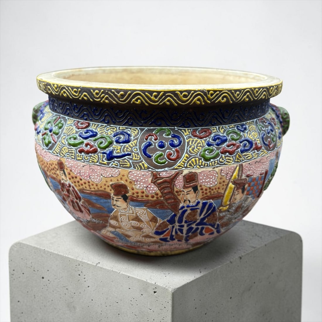 19th Century Japanese Moriage Satsuma 10" Bowl: 19th Century Japanese Moriage Satsuma 10" Bowl. This a colorful raised relief Japanese Satsuma Bowl. There are Japanese characters and surrounding decoration. It has side faux embellished handles, wit