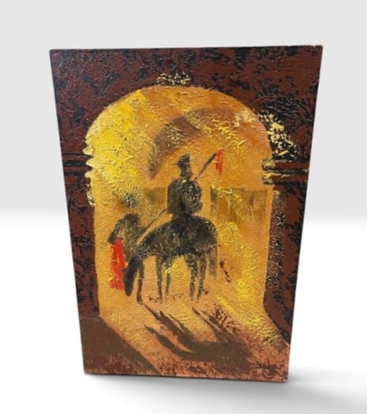 Carlo of Hollywood - Signed and Dated 1965 Horseman Painting on Board: Carlo of Hollywood Signed and Dated 1965 Horseman Painting on Board. This is a highly textured impressionist style painting on board. Shows a horseman carrying a flag with his shadow enhanced. It is s