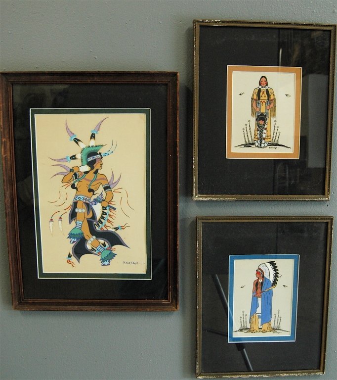 Acee Blue Eagle 1909-1959: 3 works include; 16 x 22, original gouache of ceremonial dancing warrior, Plains Indian mother with sleeping child in cradle board (silkscreen, copyright Blue Eagle), 13 x 16 overall. American Indian 