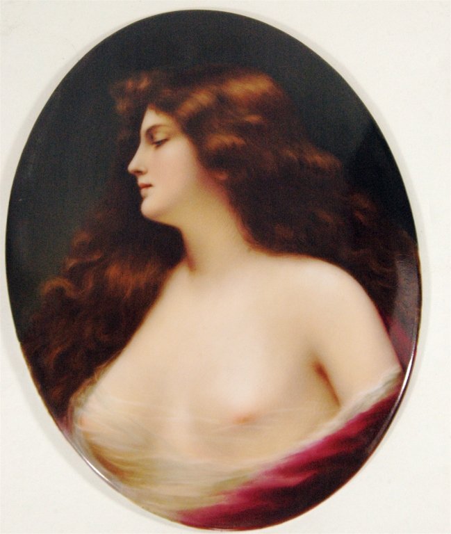 KPM Style, Berlin School Plaque: hand painted portrait of beautiful brunette with burgundy dress, artist signed C. Orak? Impressed "3" and faint penciling en verso. Framed overall 20 x 17.5, oval plaque is 6.75 x 5. Has flake on back