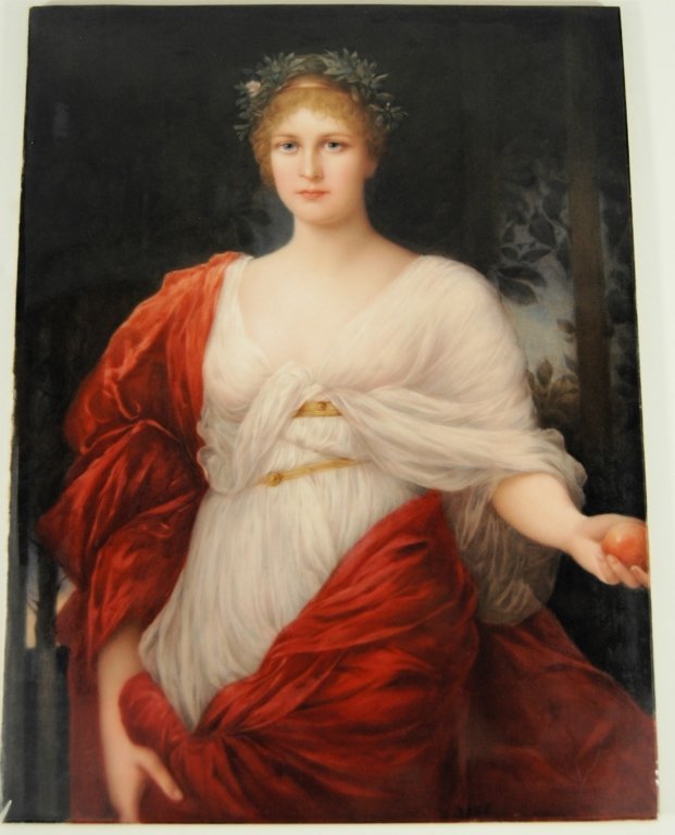 KPM Style Berlin School Plaque: hand painted portrait, royal young lady in white draped clothing and red cape with wreath in hair. Artist signed C. L., pencil signed "Sch 171 Laura n/ Kaulbach " 72403, very good condition, 10 x 7.5.