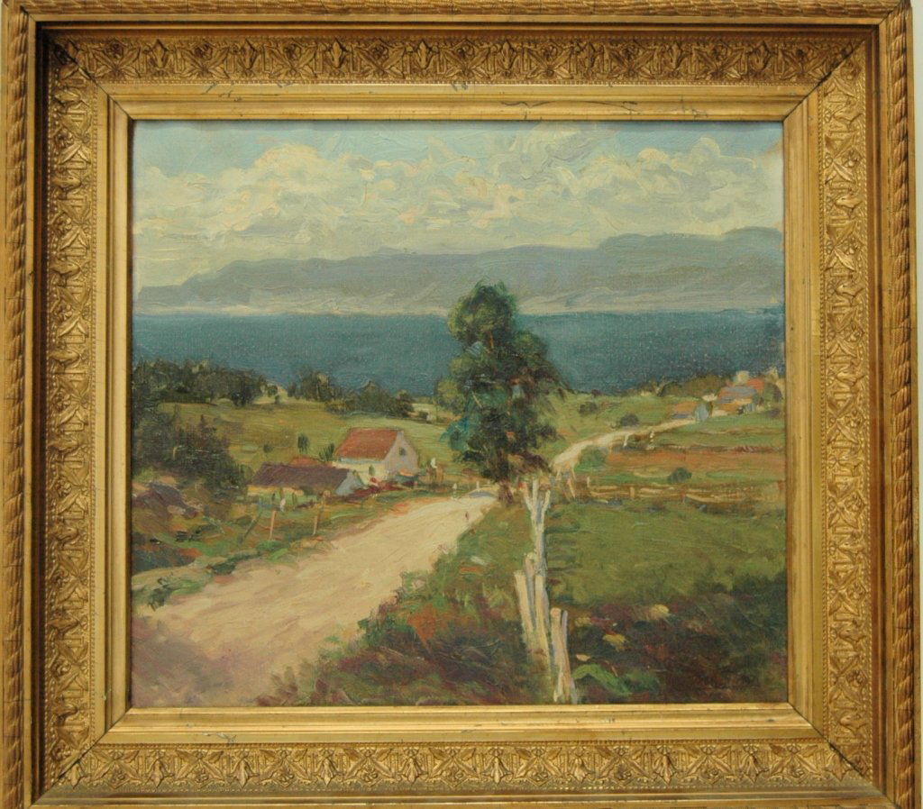 Ben Foster 1852-1926: oil on canvas landscape, road leading to Gatsby Bay, Canada (according to consignor). Framed in 1880s gold leaf frame. Very well done in good condition. Faintly signed lower right, 23 x 21.