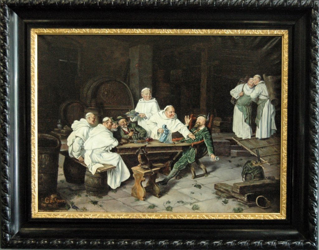 Eduard von Grutzner (copy) 1846-1925: oil on canvas, busy scene of monks drinking with hunters, quarry in bag next to shotgun, wine cask in background. This is a large overall size painting 45 x 34 in very good condition. Signed lower rig