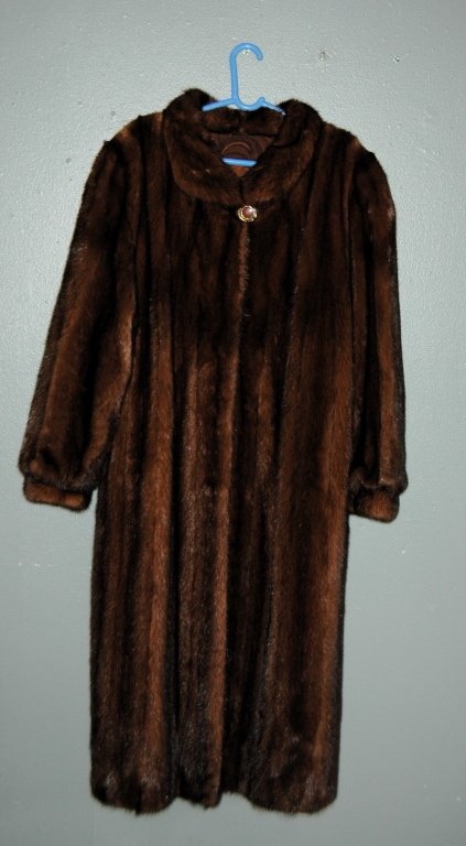 Full Length Mink Coat: mahogany color, large size, condition is mint. 52" Long, 27" sleeve.