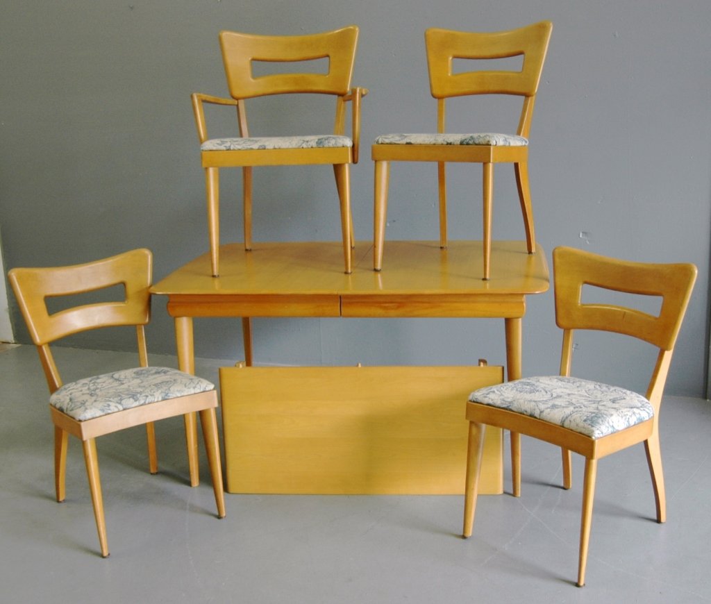 Heywood Wakefield Table and 4 Chairs: (4) Mid-century modern. Dining table is #M1558G, in wheat color with single 18" leaf and table pads, table measures 38, 54, 29. Chairs are #M1554 (armchair), and 3 #1554A side chairs in wheat color. A