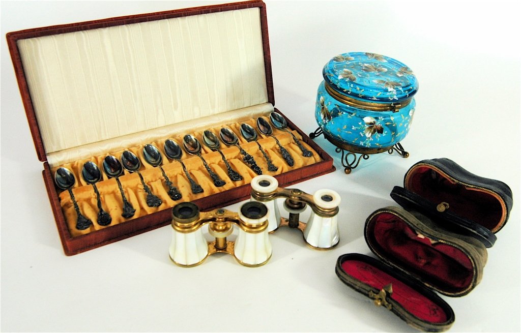 Blue Enameled Box, Demitasse Spoons: and Mother of pearl opera glasses. The hinged box has brass wire feet with leaf enameling, opera glasses are in their original cases, one by Wallace, 12 sterling demitasse floral spoons in fitted case
