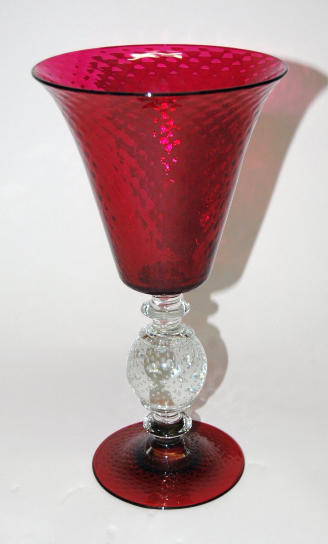 Pairpoint Quilted Cranberry Vase: with paperweight ball controlled bubble stem. 12H. Mint condition.