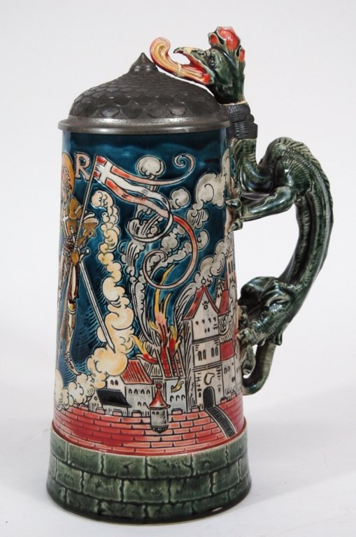 Mettlach, Villeroy & Boch Stein: Mettlach, Villeroy & Boch stein #1786 1 Litre, dragon handle (repair to nose and tongue) otherwise good condition with dragon scale pewter lid.
