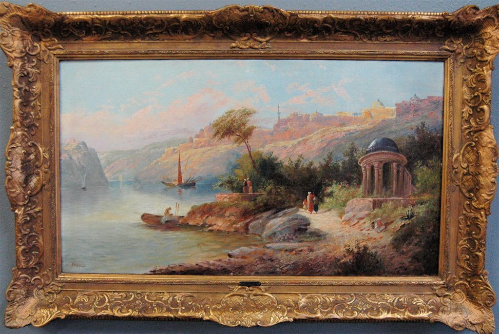 James Baker Pyne, 1800-1871: James Baker Pyne, 1800-1871, oil on canvas, scene of Middle Eastern waterway with ancient city on cliff overlooking. Signed LR and with plaque on frame. Image 33 x 19, overall 40 x 28. Very good condi