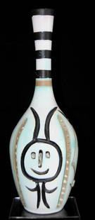 Pablo Picasso, Bottle Vase: Pablo Picasso, engraved earthenware bottle vase, c 1954. White gloss with turquoise blue shading, black and beige engraving with 4 panels of stylized figures. Marked on bottom: Edition Picasso 180/300