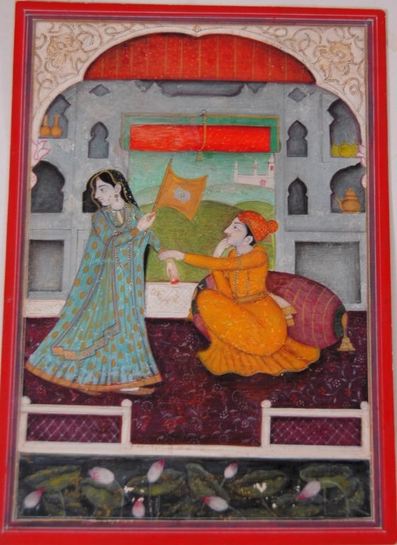Kangra School Style, India Miniature Painting: Kangra school style, India miniature painting of inks and colors on heavy paper. Scene of sitting man grasping arm of retreating woman with flag. 20th century, some very minor loss of paint in lower s