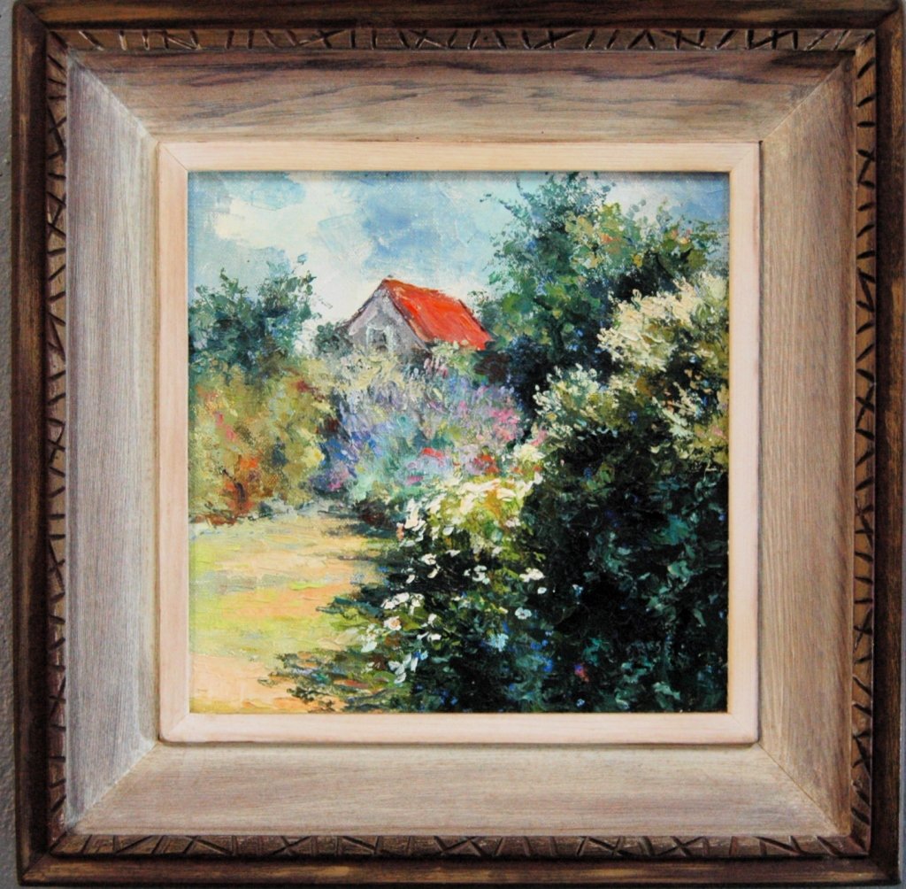Therese Knowles, 20th Century American: Therese Knowles, 20th century American, oil on canvas landscape with heavy foliage and cottage. Ms. Knowles was trained by Beanie Backus in Ft. Pierce and was a member of the "Indian River 8" group. B