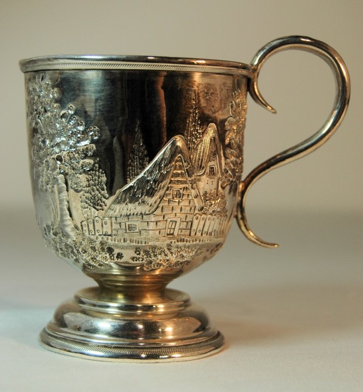 Bailey & Co. Sterling Footed Cup: Bailey & Co. sterling silver footed cup, architectural decoration, many hallmarks, good condition. 3.5" h. 2.8 ozt.