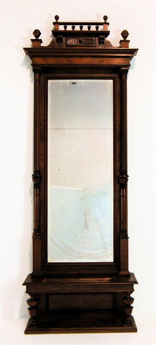 Walnut Pier Mirror and Table: Turn of the Century walnut pier mirror and console table. Carved and turned crest, columns on sides, very good condition. 102 x 36.