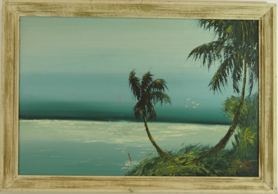 Isaac Knight, Highwaymen, Oil on Board: Isaac Knight, 20th century, Highwaymen artist, oil on upson board. Ocean scene with palms in foreground and 5 birds flying. Original frame 39.5 x 27.5. Scuff marks in sky, one in water.