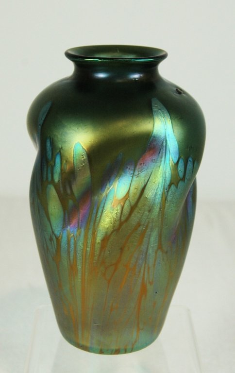 Loetz Medici Vase: Loetz Medici vase, 2/484, Russian green with purple, blue and green iridescence, c. 1902. Very good condition, 75."h.NOTE: This was previously noted as numbered, it is not, but described on the Loetz