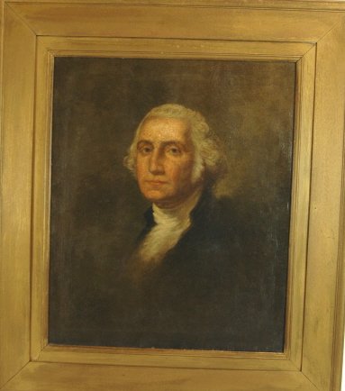 American Portrait of George Washington: American school, oil on canvas portrait of George Washington (after Gilbert Stuart). 19th century, not signed, one repair on back, good condition, good quality. 34.5 x 39.
