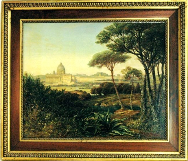 Jorgan Henrik Moller 1822-1884: Jorgan Henrik Moller, 1822-1884, oil on canvas, St. Peter's Vatican in the distance, heavy foliage and trees in foreground, dated 1864, signed lower right and en verso. Relined in very good condition.