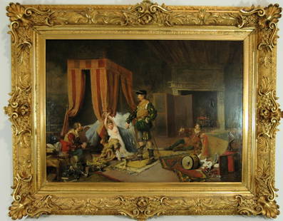 Defeated Swordsman, Oil on Canvas: Defeated swordsman fighting over young female. Oil on canvas, signed but illegible. Bedroom scene of a castle is in disarray from aftermath of sword fight. The Victor eyes his prize as another weary s